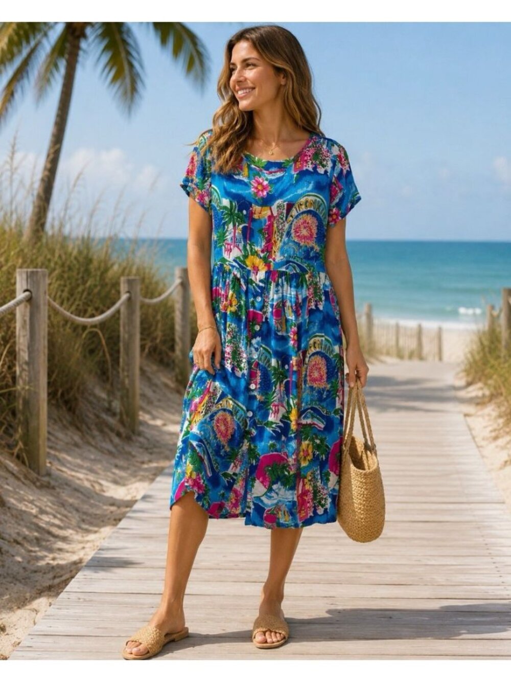 Bila Women M Beachy Midi Dress Gauzy Blue Resort Casual Vacation Tropical Flowy
